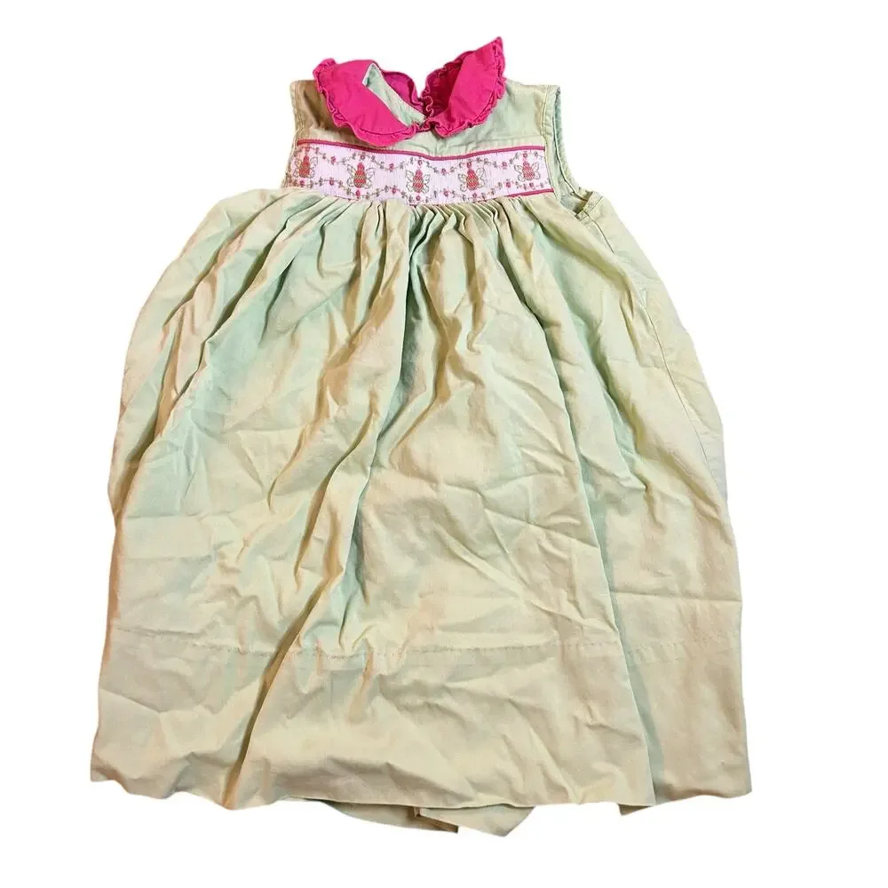 Beaux et Belles Girls Embroidered Green Smocked Dress Sz 4 Preppy Church Summer